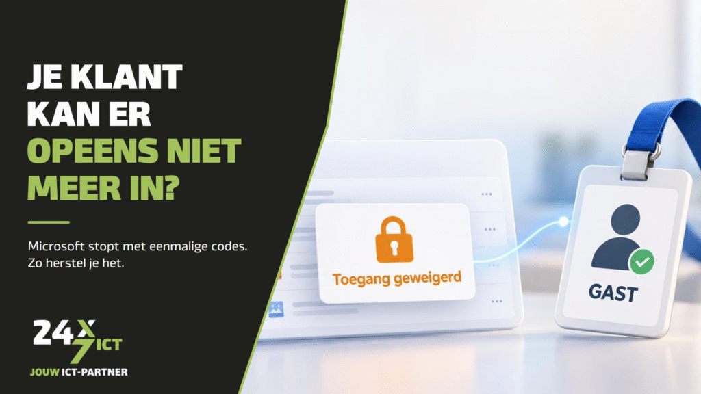 OneDrive-venster met de melding toegang geweigerd naast een gastpas aan een keykoord, met de kop Je klant kan er opeens niet meer in?